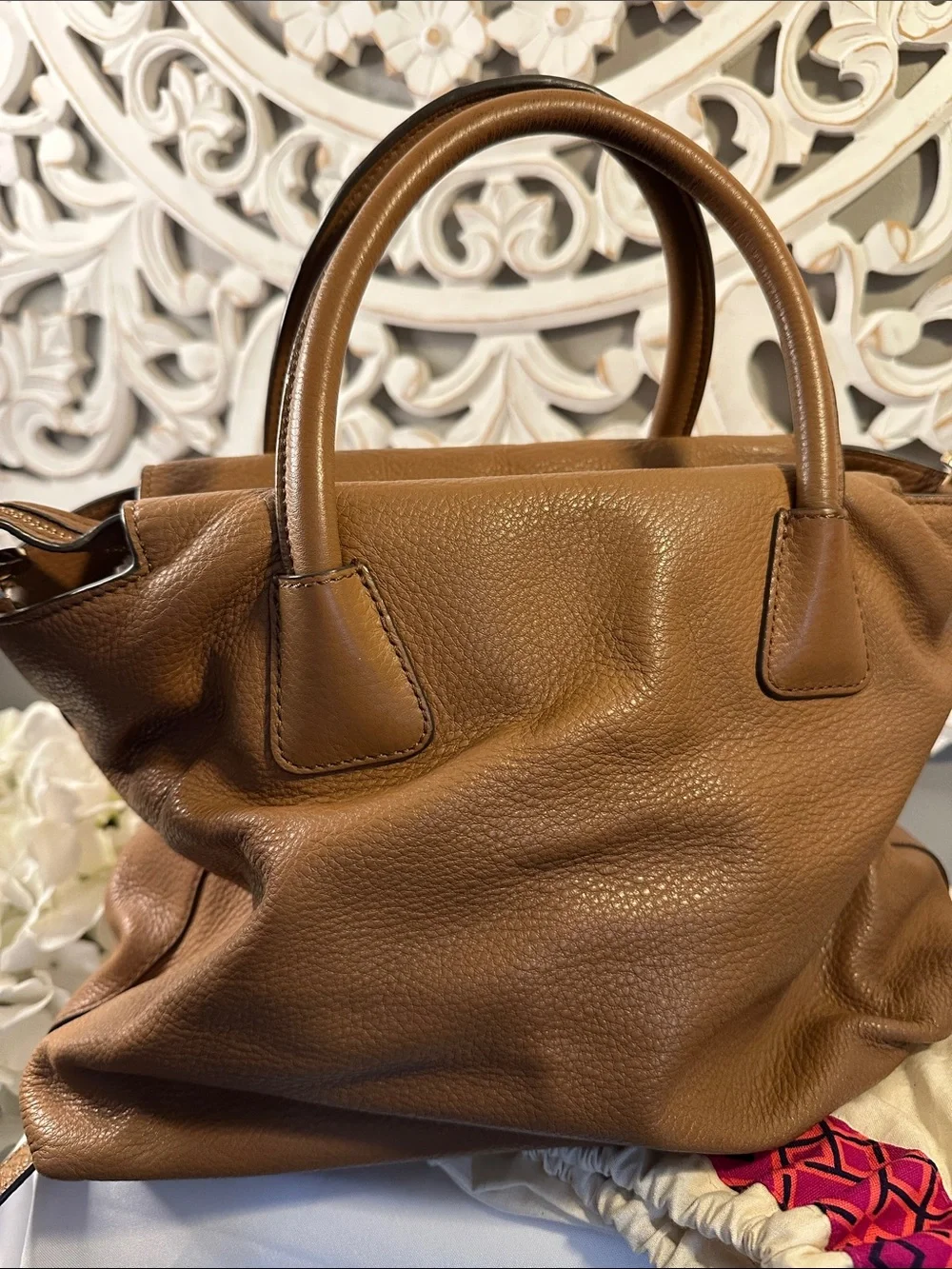 Tory Burch Tan Pebbled Leather Satchel with Front Pocket